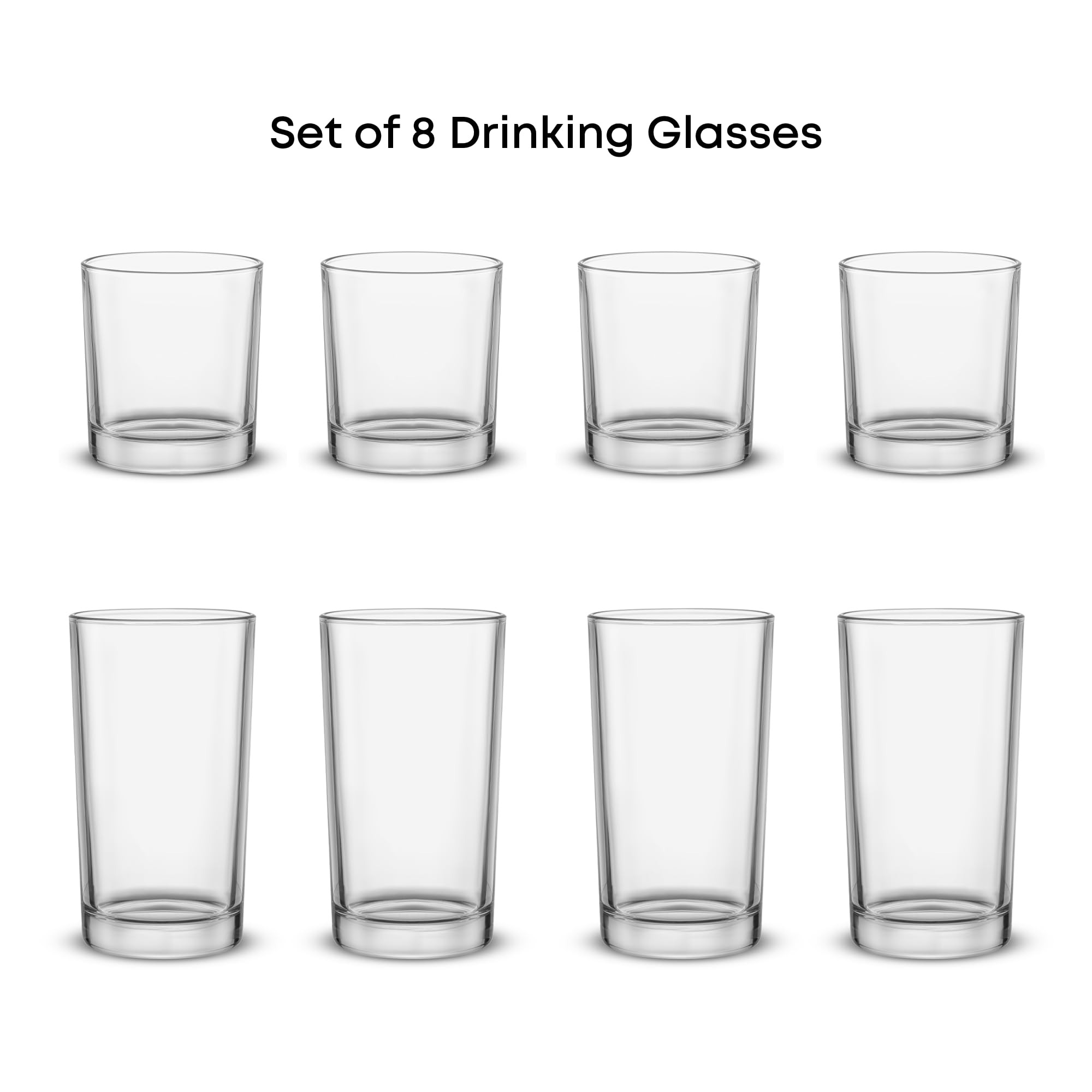 JoyJolt Alain - Set di 8 bicchieri da bar Highball da 396,9 g e Lowball da 283,5 g, per cocktail, succhi di frutta, whisky o acqua, set di bicchieri da cucina o bar