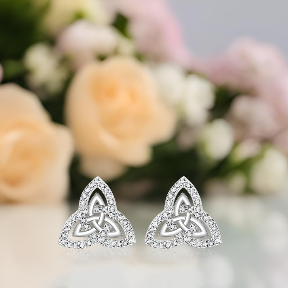Celtic Knot Earrings for Women 925 Sterling Silver Irish Triquetra Trinity Knot Charm for Women Hypoallergenic Cubic Zirconia Studs Irish Gifts