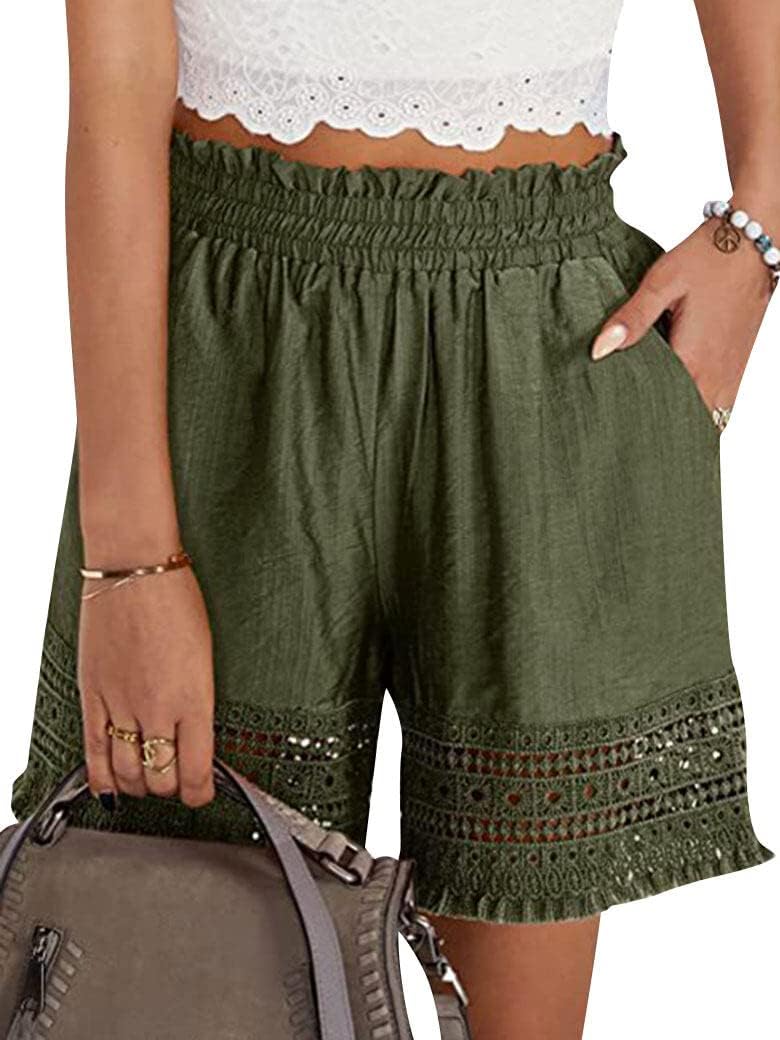 Women's Casual Elastic Waist Lounge Shorts Comfy Stretch Lace Trim Summer Beach Linen Ruffle Shorts