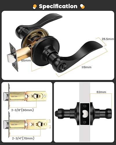 Miniatura 6 de Gobrico Paquete de 8 palancas de manija de puerta de baño, color negro mate, reversible, sin llave, estilo ondacaída, perilla de aleación de zinc