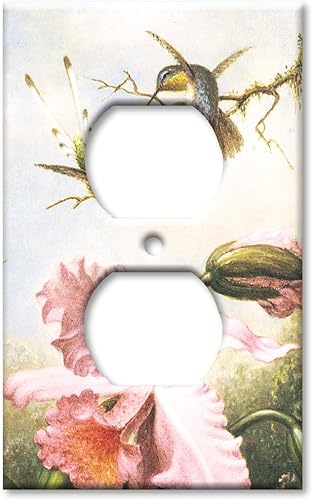 Art Plates - One Gang Duplex - Placa decorativa de pared metálica con tapa de salida - Cabeza orquídeas y colibríes - - (Hecho en EE. UU.)