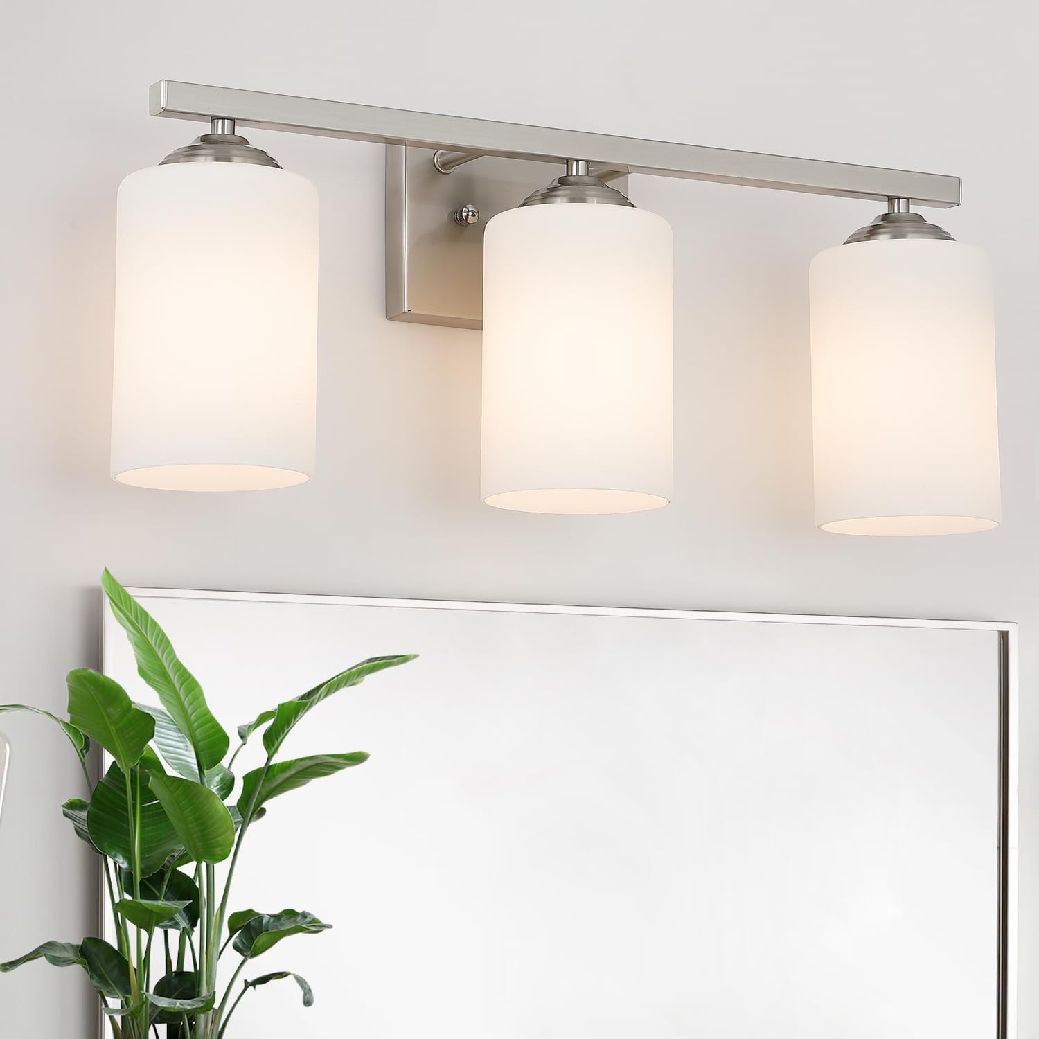 Milk Glass Bathroom Vanity Light Over Mirror, 3 Light Brushed Nickel Bathroom Light Fixtures with Frosted Glass, Modern Vanity Lighting Wall Mount Brushed Nickel 3-Light