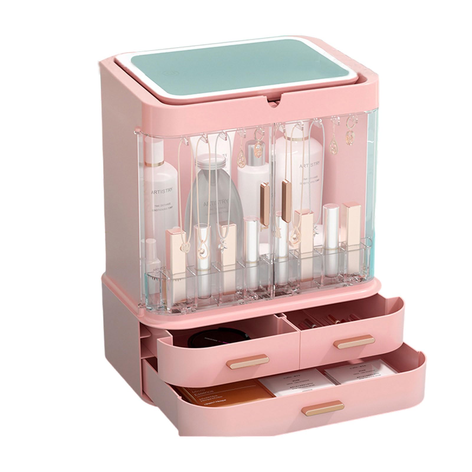 Organizzatore per Trucchi,Organizzatore per Trucchi,Portaoggetti con 3 cassetti,Scatola portaoggetti Antipolvere per Cosmetici,Scatola portaoggetti per Cosmetici con Luce LED,Scatola portaoggetti PE