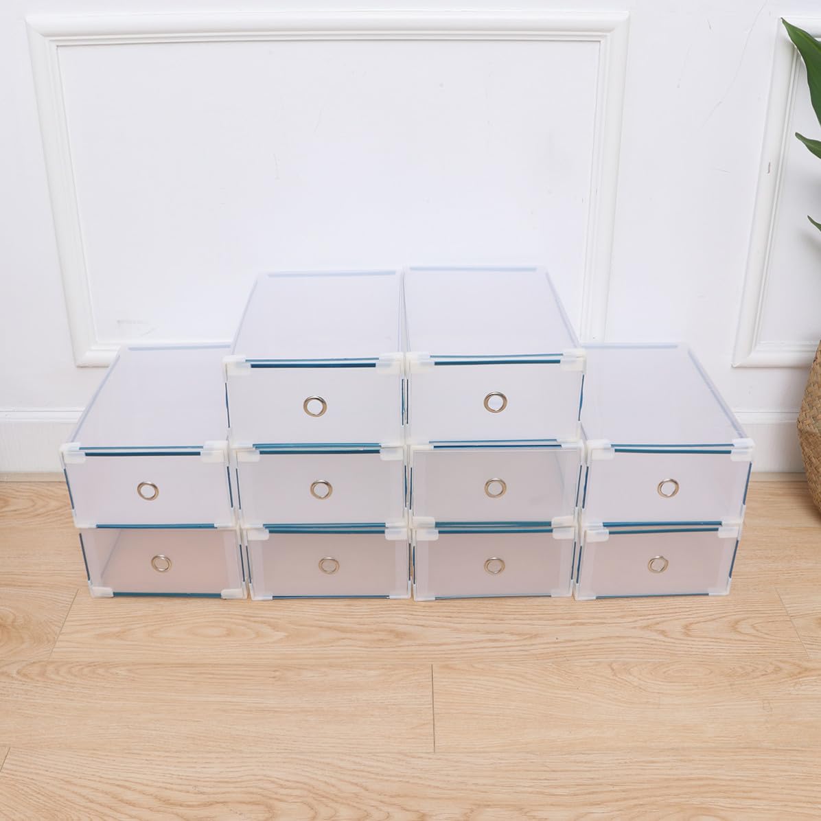 10 Pezzi Scatola Organizer Scarpe in Plastica Bianco Impilabile e Portatile Bordo in Metallo per Armadio, Contenitore Basso per Scarpe da Donna 31x20x12,5 Cm