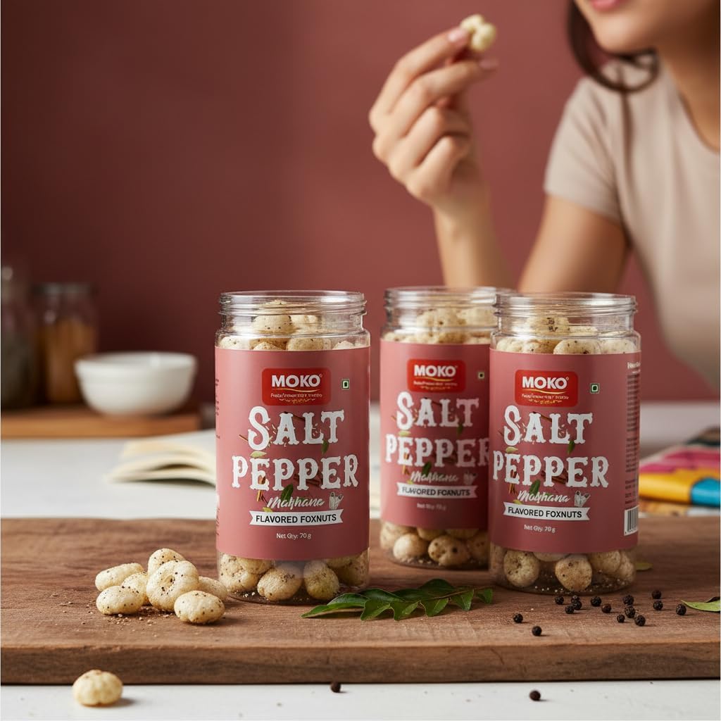 MOKO Salt & Pepper Makhana β Roasted Foxnuts Snack, Gluten-Free & Low Calorie, Protein-Rich Lotus Seeds, Light & Crunchy Healthy Snack, 70g 3