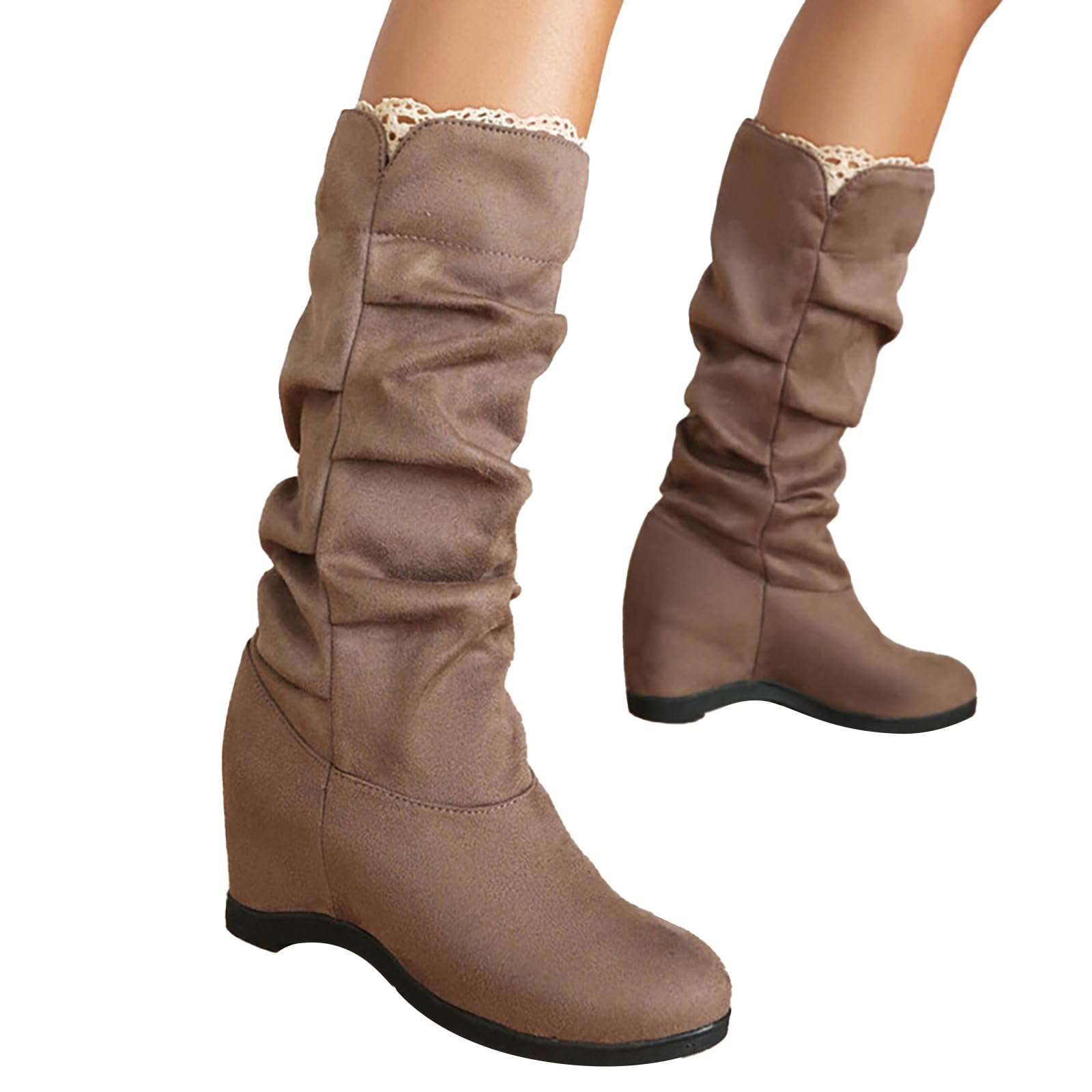Botines para mujer Otoño Invierno Estilo Coreano Ante Color Sólido Tacón Cuña Botas Alto No Rodilla Alto Botas Largas Mujer Elegante