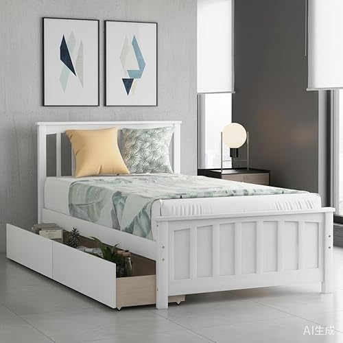 Miniatura 13 de SOFTSEA Cama de madera de tamaño individual con cajones de almacenamiento, marco de cama de madera maciza moderna de mediados de siglo con cabecero