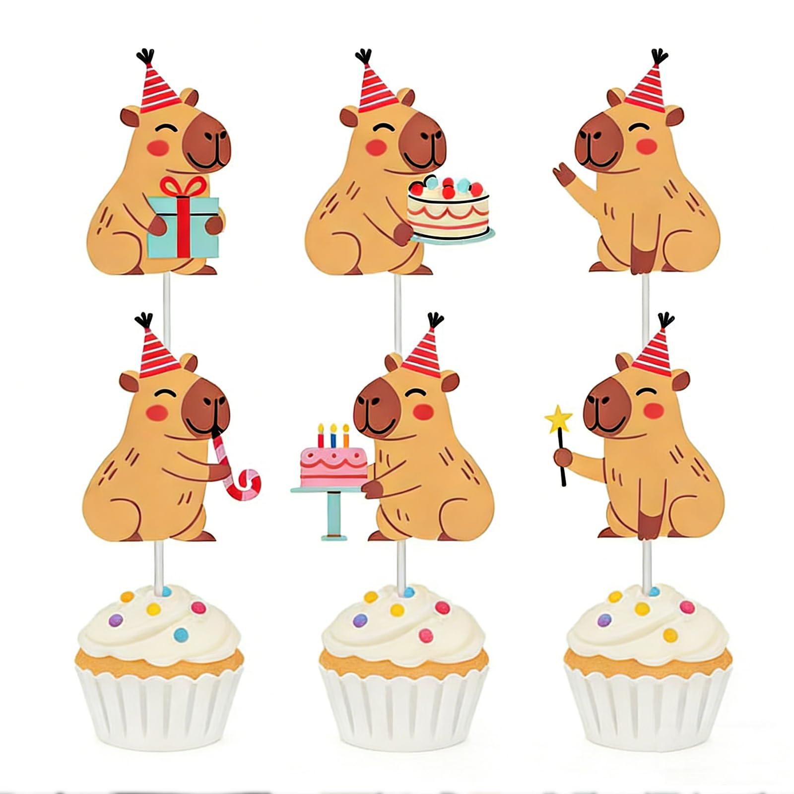 Nymora Capybara Cake Topper and Decorations Set, 6Pcs Animal Cake Toppers for Capybara Birthday Party Supplies, Summer Chill Style Birthday Decor for Ages 1-10