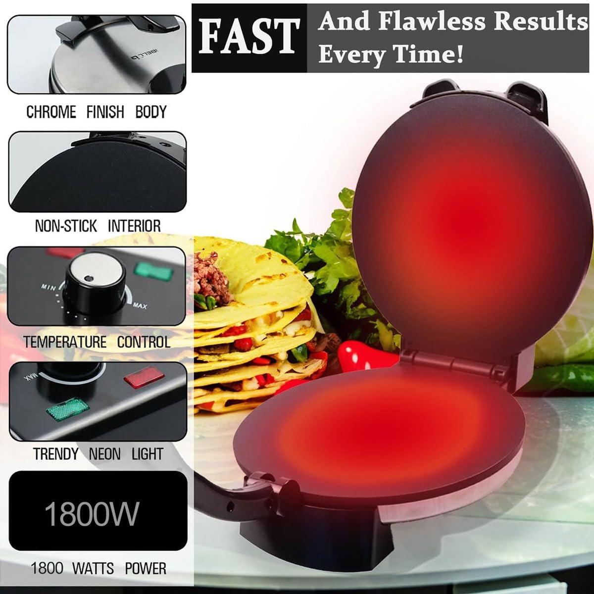Macchina elettrica per chapati, Macchina for pressare le tortilla Roti Maker da 1800 W, macchina antiaderente automatica con temperatura regolabile, con piastra di cottura da 10'' e riscaldamento bifa