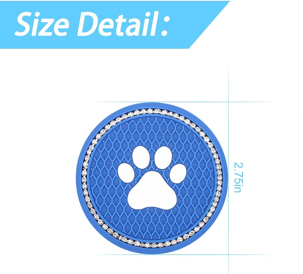 2PCS Universal Bling Car Cup Coaster, Rhinestone Car Accessories, 2.75 inch Dog Paw Car Cup Holder Insert Mat Pad Set,Suitable for Most Car Interior (Dark Blue)