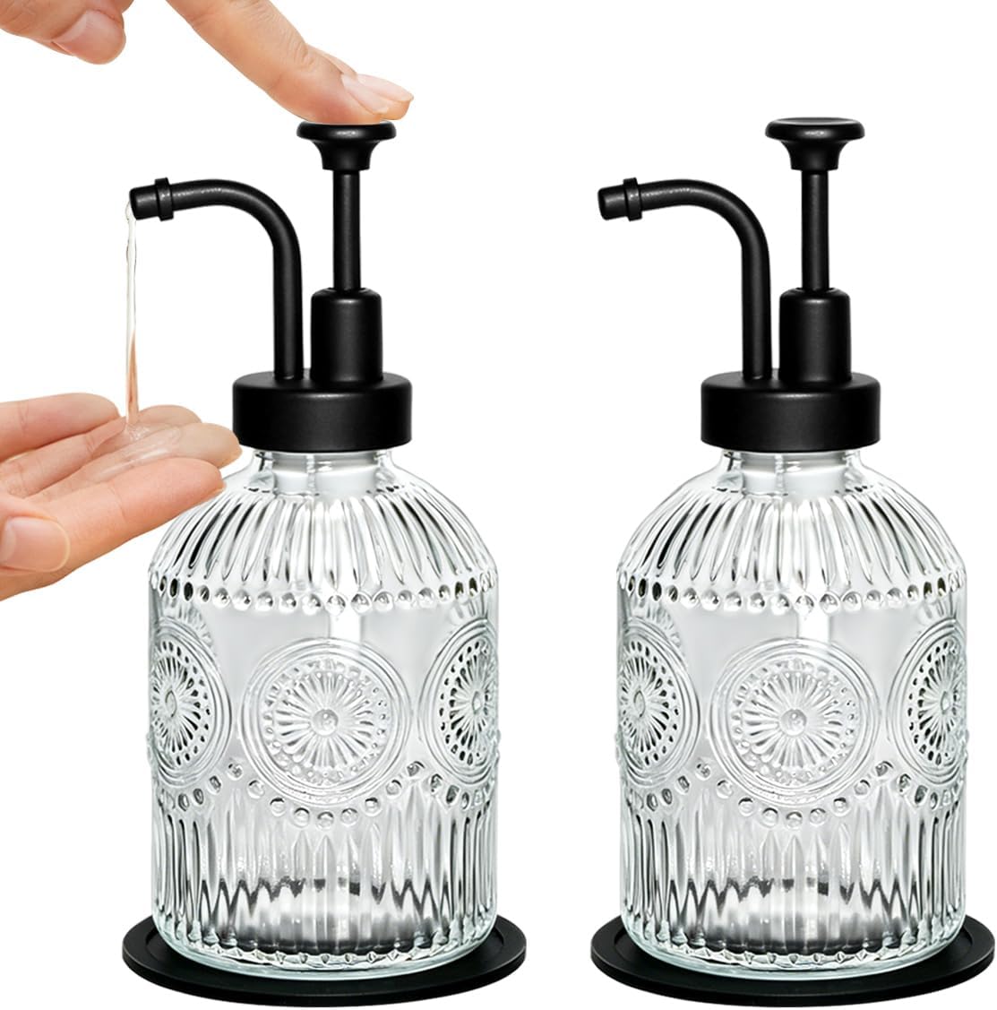 2pcs Vintage Soap Dispenser, Refillable 12 Oz Soap Dispenser for Bathroom and Kitchen, Clear Glass Hand Soap Dispenser, Liquid, Lotion Container Bottle with Gold Stainless Steel Pump