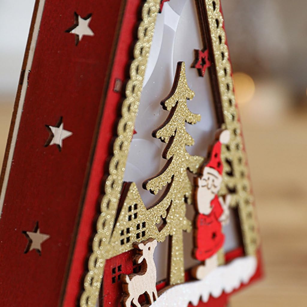 Holiday Christmas Wood Miniature Village House with LED Light Cabin Ornament Decors for Desk and Book Shelf Display