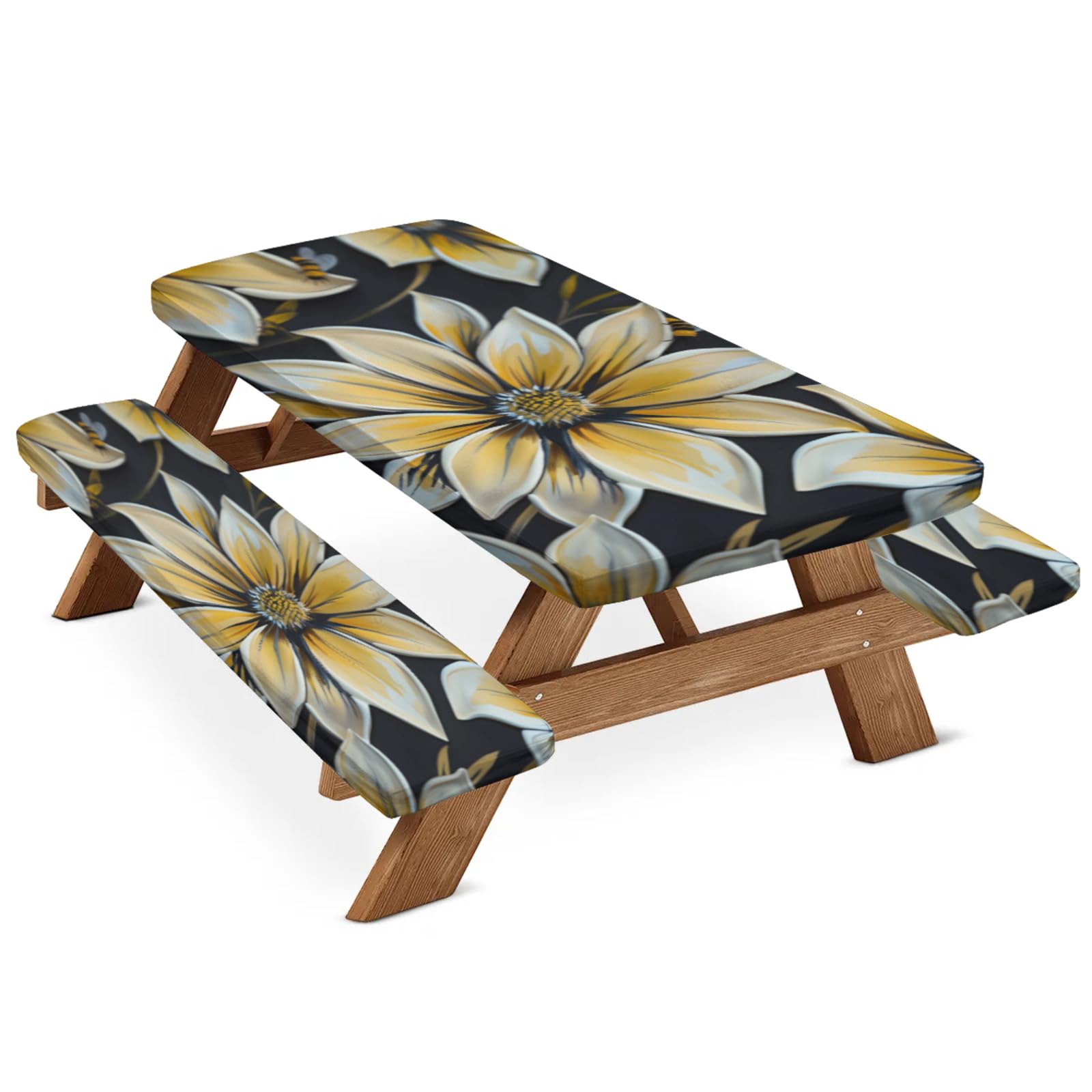 Tablerazzi Yellow and White Daisy Flower Picnic Table Cover with Bench Covers, Fitted Camping Tablecloth with Elastic Edges, Outdoor Waterproof Rectangle Table Cloth, 72x30 Inch 3 Pcs Set