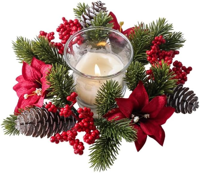 Christmas Candle Rings Wreaths Artificial Pinecones Pine Poinsettia Red Berry Greenery Candle Ring Holder Christmas Decoration for Pillar Wedding Centerpiece Table Décor