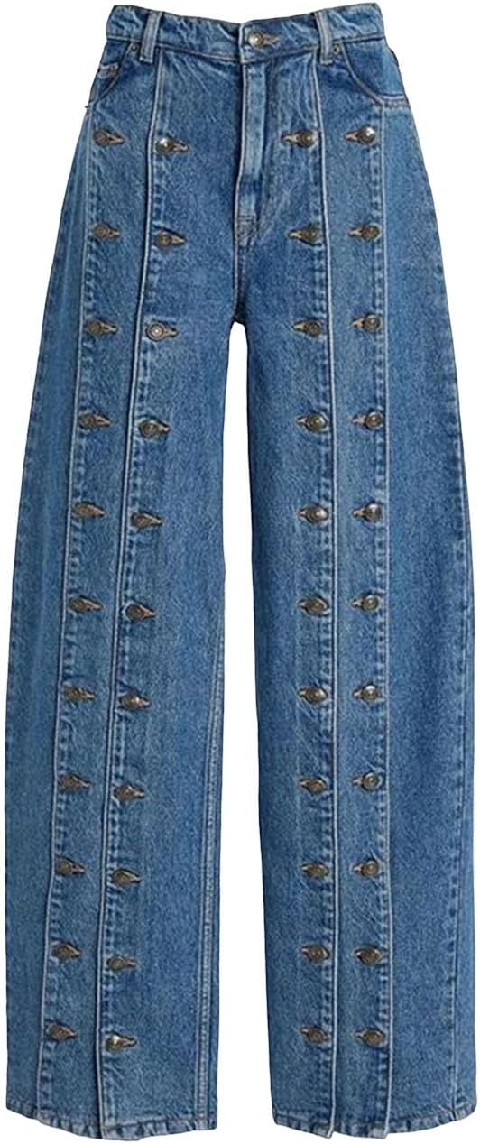 Women's Vintage Button Fly Jeans Straight Leg Denim Pants High Waist Trousers for a Vintage Autumn Fall Style