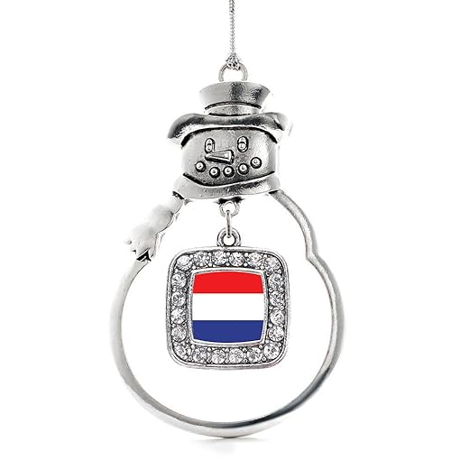 Inspired Silver - Netherlands Flag Charm Ornament - Silver Square Charm Snowman Ornament with Cubic Zirconia Jewelry