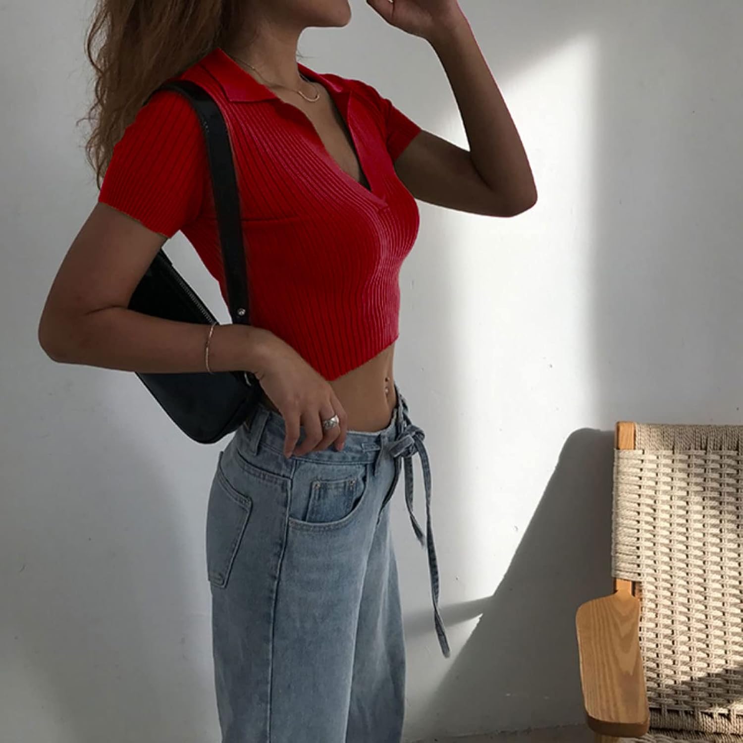 Hyipels Women Knit Crop Polo Shirts,Summer Short Sleeve Ribbed Collared T-Shirt Solid Fitted V Neck Tops - Image 2