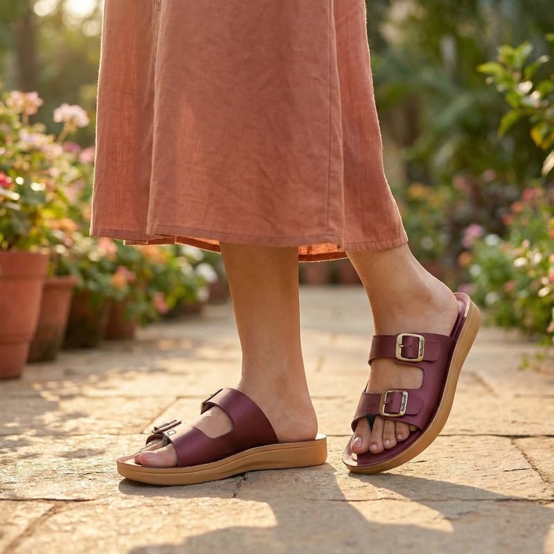 Image of WALKAROO Slip-On Sandals For Women| Soft Cushion Sole & Stylish Double Buckle Upper|Comfortable for Casual, Home, Shopping, Travel|BX2554