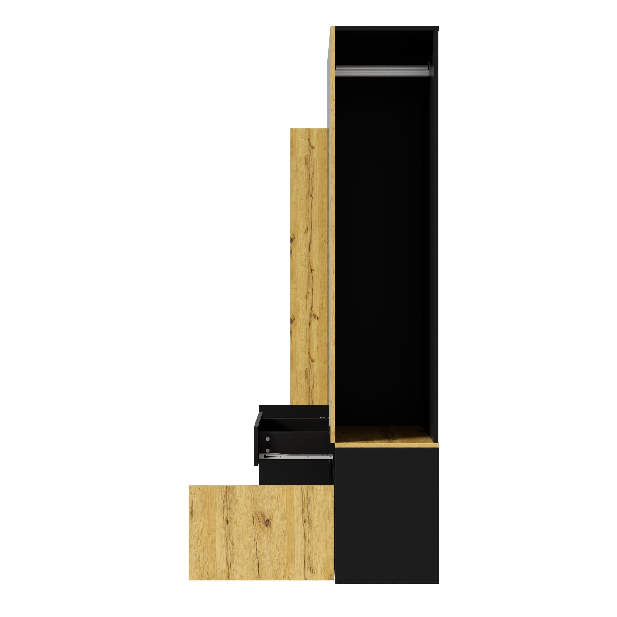 Armario de madera MDF con espejo, color negro natural, zapatero, perchero, perchero, gancho