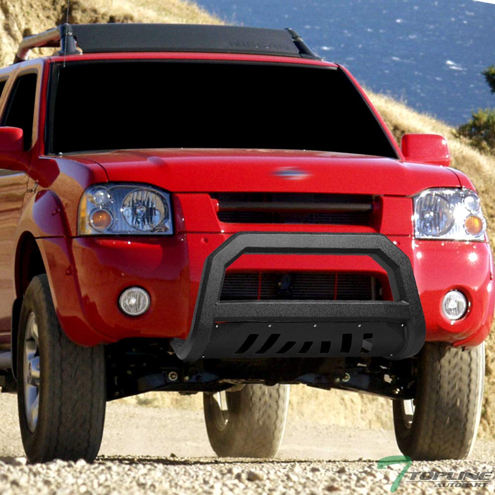 Textured Black AVT Style Bull Bar Brush Push Front Bumper Grill Grille Guard with Skid Plate Compatible with 01-04 Frontier / 02-04 Xterra