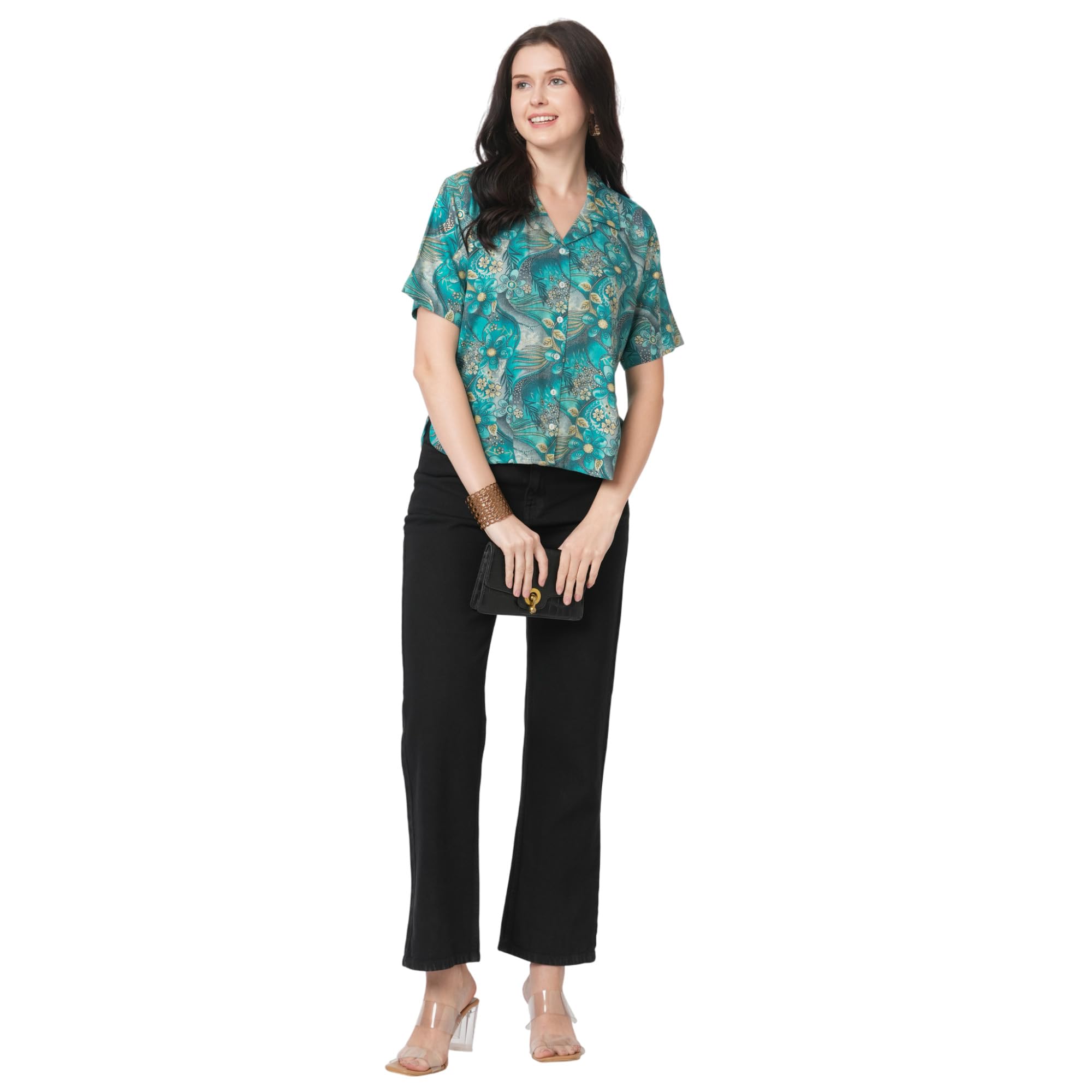 Go.4.it Women's Rayon Fabric Stripe & Plain Mix-n-Match Casual Top (in, Alpha, 2XL, Regular, Peacock) - Image 2 thumbnail