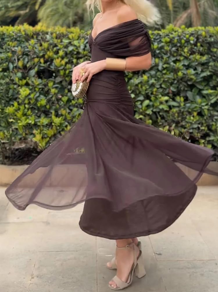 Minetom Robe de Soirée Femme Elegante Col en V Manche Courte Robes de Cocktail Cérémonie Mariage Longue