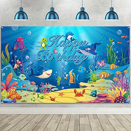 Under The Sea Backdrop Ocean Animal Happy Birthday Decorations Ocean Theme Birthday Photography Background Banner for Kids Dolphin Shark Underwater Blue Party Decorations Supplies, 72.8 x 43.3 Inches