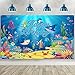 Under The Sea Backdrop Ocean Animal Happy Birthday Decorations Ocean Theme Birthday Photography Background Banner for Kids Dolphin Shark Underwater Blue Party Decorations Supplies, 72.8 x 43.3 Inches