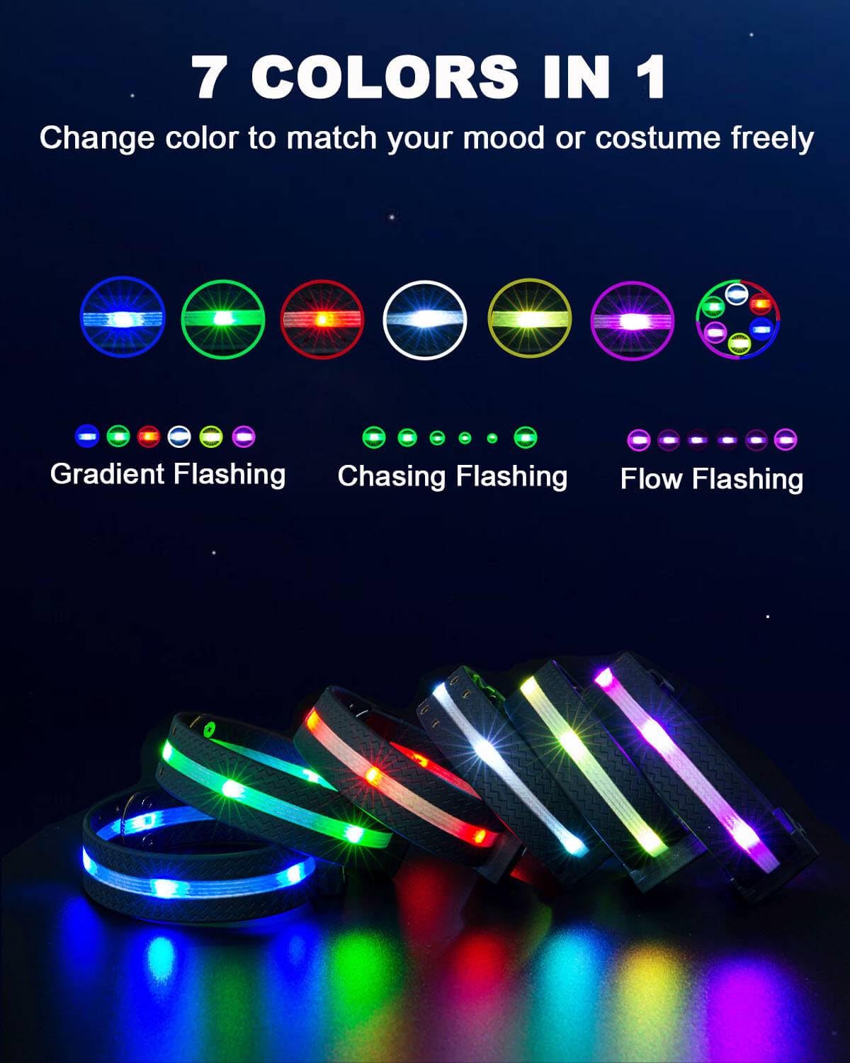 Lot de 5 colliers de poitrine LED et bande de jambe de cheval à LED, 7 couleurs en 1, harnais LED rechargeable par USB et sangle de jambe – Visibilité et sécurité accrues pour l'équitation de nuit