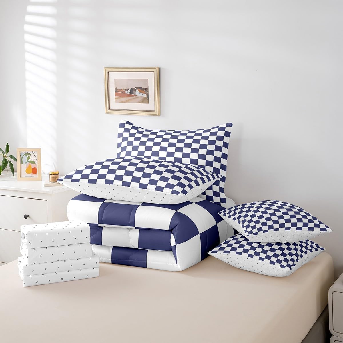 Manfei 7ピース ネイビーブルー 格子柄 掛け布団セット クイーンサイズ リバーシブル 幾何学模様 正方形 グリッド寝具セット
