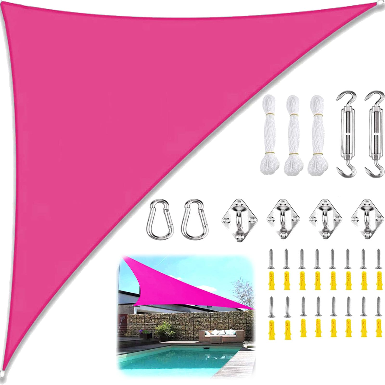 Sun Shade Sail Triangle Waterproof, Sunscreen Awning Canopy with Rope Fixing Kits, Triangle Patio Sail Pergola for Outdoor Garden Patio Party Backyard Yard Camping-Rose Red||5x5x5M
