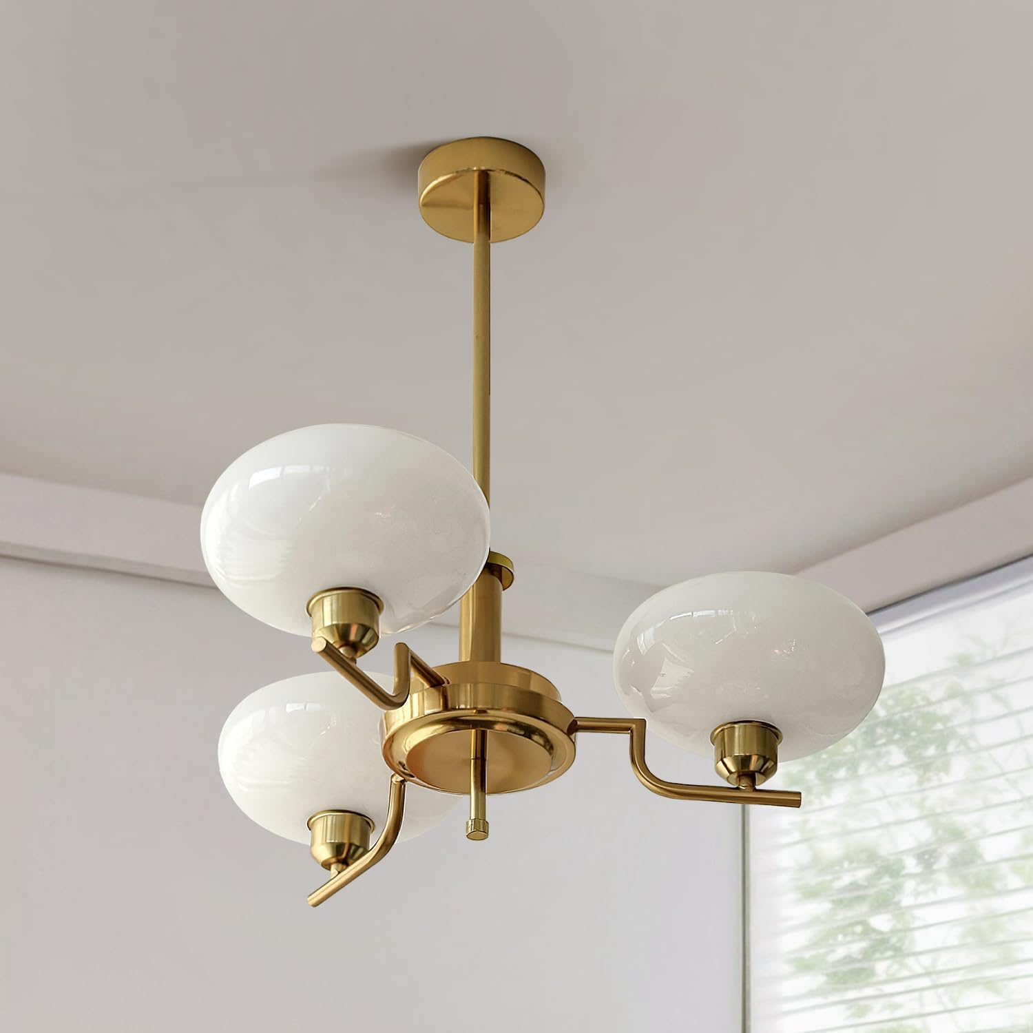 3-Light Gold Sputnik Chandeliers, Mid Century Brushed Brass Light Fixture Vintage Pendant Light Adjustable Hanging Farmhouse Chandelier with Milk White Glass Shades for Dining Room Bedroom