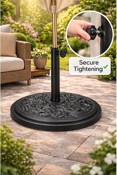Anikees Heavy Duty Parasol Base 9kg – Cast Iron Garden Umbrella Stand with Decorative Floral Pattern, Bronze Finish for Patio, Deck & Outdoor Canopies - 3