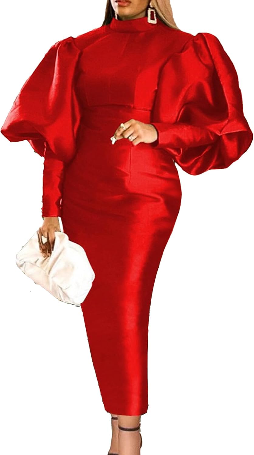 Women's Elegant Mock Neck Chiffon Dress Long Sleeve Mesh Bodycon Dress Club Party Pencil Midi Dresses Clubwear