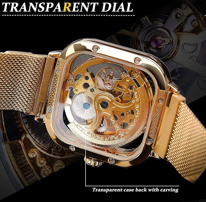 Image of Luxury Automatic Mechanical Watch, Square Skeleton Dial, Stainless Steel Mesh Band, Self-Winding Movement, Classic