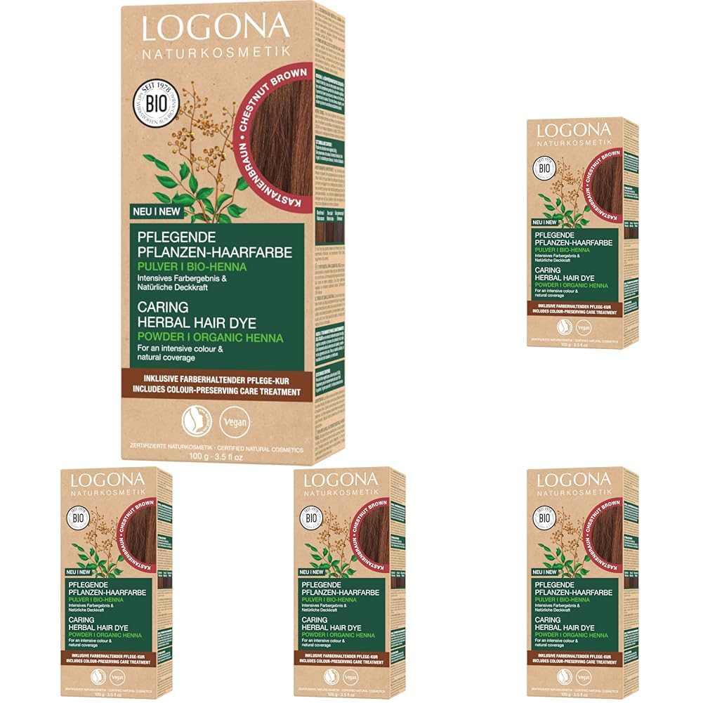LOGONA Naturkosmetik Pflegende pflanzliche Haarfarbe, Veganes Haarfarbe-Pulver mit Bio-Henna für intensive Farbe und Glanz, Pflanzenhaarfarbe in Kastanienbraun (Braun), 1 x 100g (Packung mit 5)