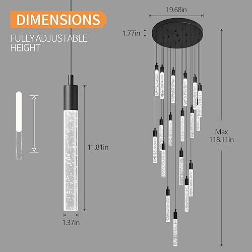 Miniatura 5 de Candelabro moderno de 18 luces para sala de estar, lámparas colgantes de techo de cristal negro, LED, regulables, 108 W, 6000 K, escaleras, grandes