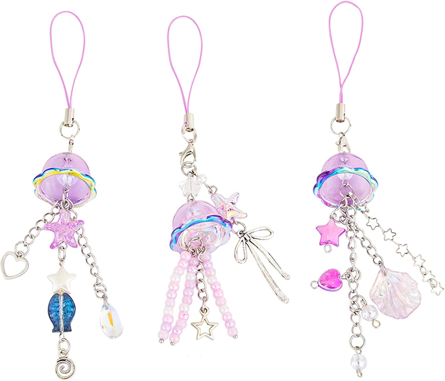 3 PCS Blue phone Charm Y2K Accessories Aesthetic Keychain Jellyfish Decor String Cellphone Chain Pendant Strap Lanyard Bead