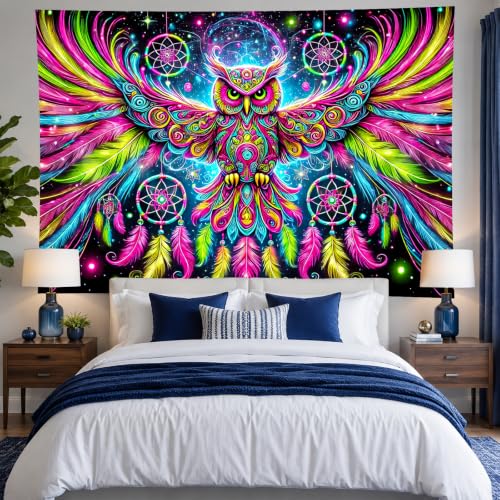 Image of BlissYard Owl Tapestry Blacklight Tapestry 79x59 Inch Trippy Wall Hanging | Trippy Decration with Uv Reactive Colors for Bedroom Dorm and Party Walls