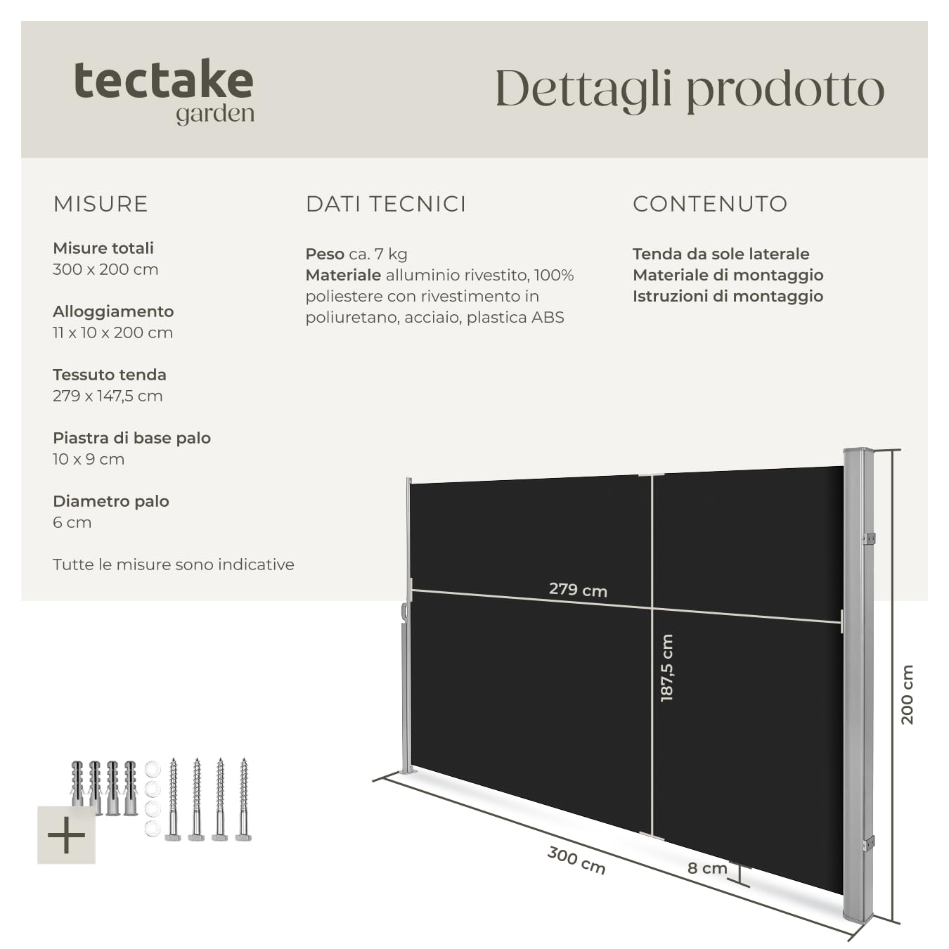 Tenda Frangivento a Scorrimento Paravento Estraibile Esterno 200x300 cm Nero
