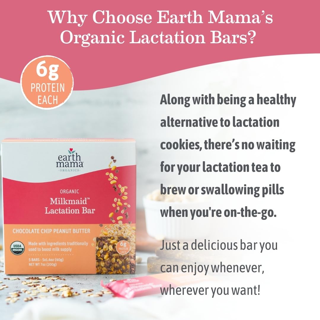 Earth Mama Organic Milkmaid® Lactation Bars, Chocolate Chip Peanut Butter, 5 Count – USDA Certified Organic Breastfeeding Snacks Made with Ingredients Traditionally Used to Boost Breastmilk Supply (Pack of 2)
