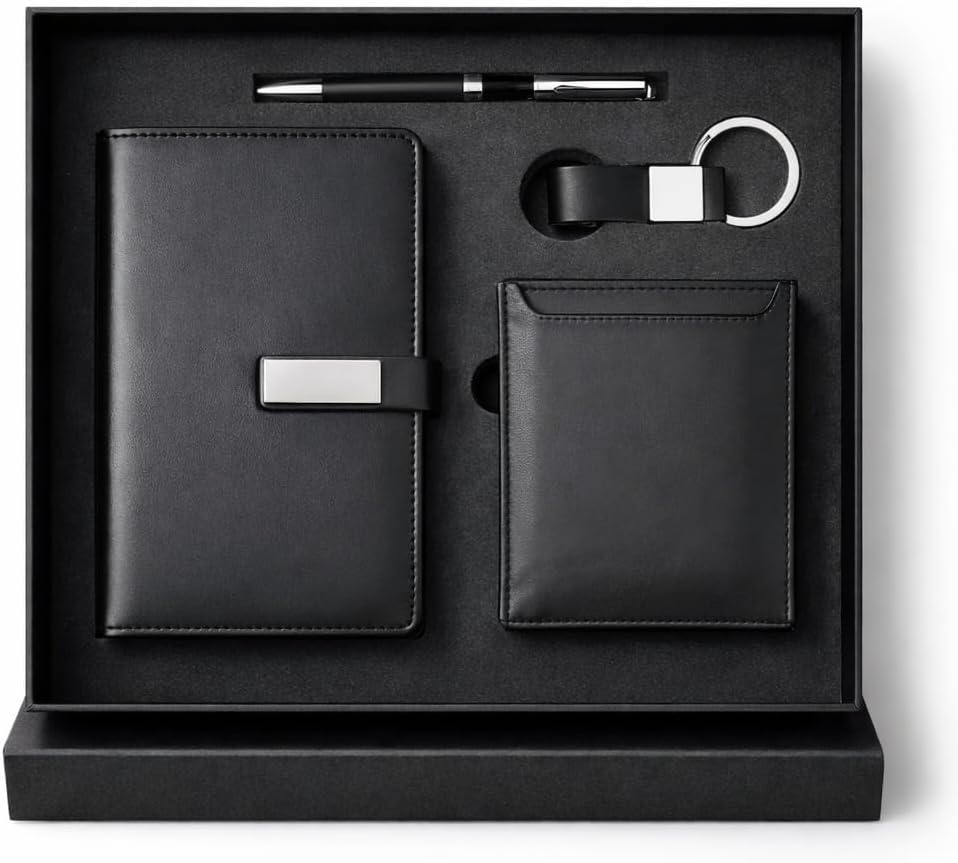 Bells Box Stylish Leather A5 Notebook Gift Set with Matching Pen and Card Holder - Executive Leather Journal Stationary Gift Set For Him & Her - Travel Diary (Black)