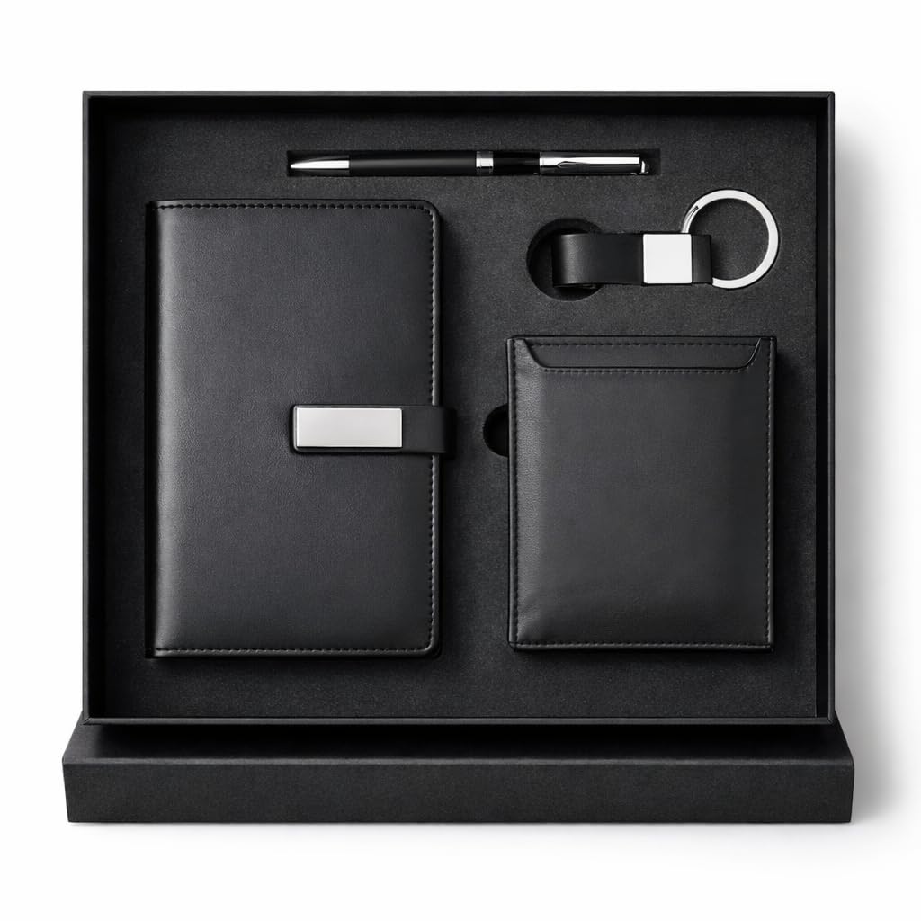 Bells Box Stylish Leather A5 Notebook Gift Set with Matching Pen and Card Holder - Executive Leather Journal Stationary Gift Set For Him & Her - Travel Diary (Black)