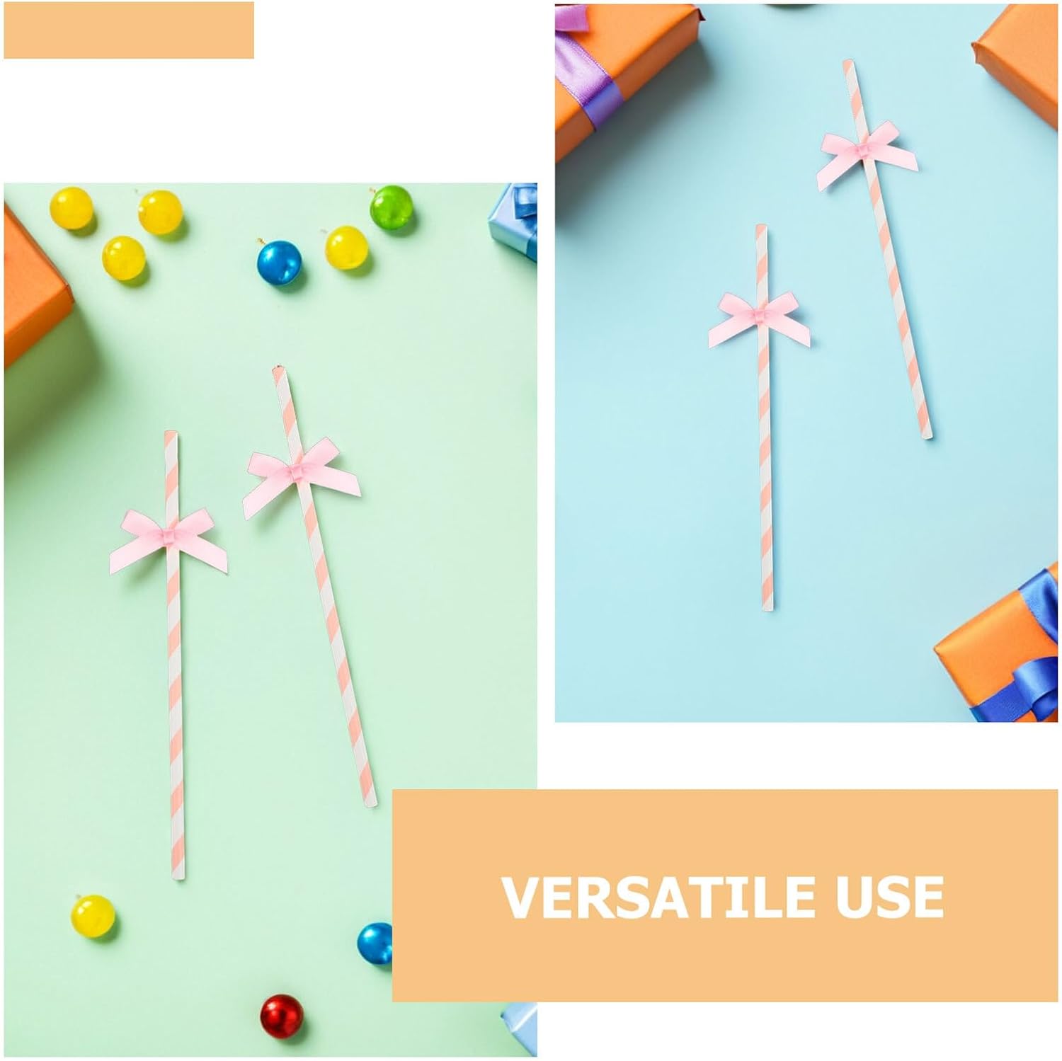 BESTOYARD 100pcs Pink and White Striped Paper Straws with Bow Tie Decoration Disposable Party Straws for Birthday Cake Festival Juice Drinking