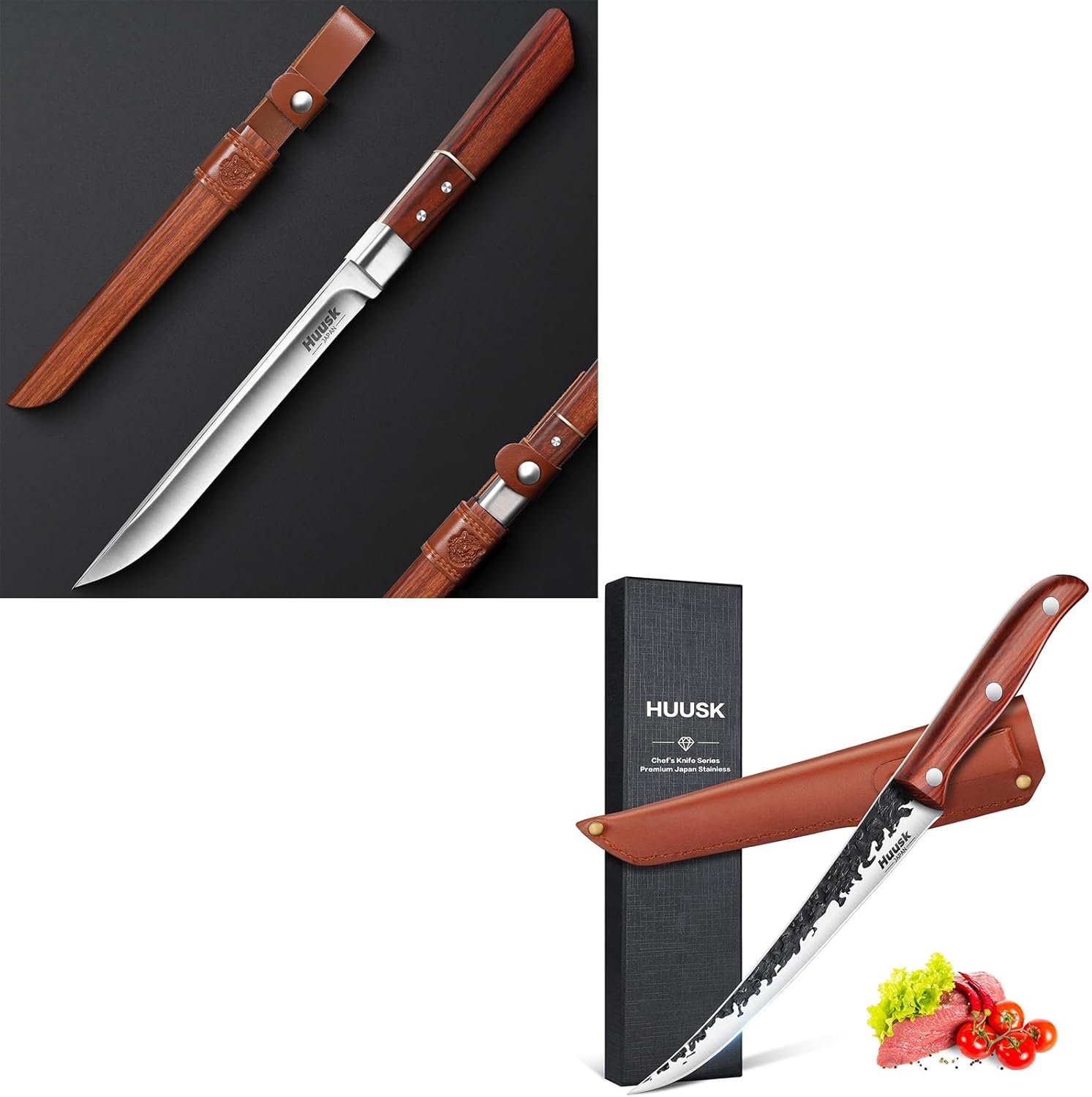 Huusk Fixed Blade Bushcraft Knife Hunting Knives with Wooden Sheath Full Tang Camping Knife Sharp Survival Knives for Men Curved Boning Knives 7 Inch, Hand Forged Butcher Knife for Fish Chincken Gift