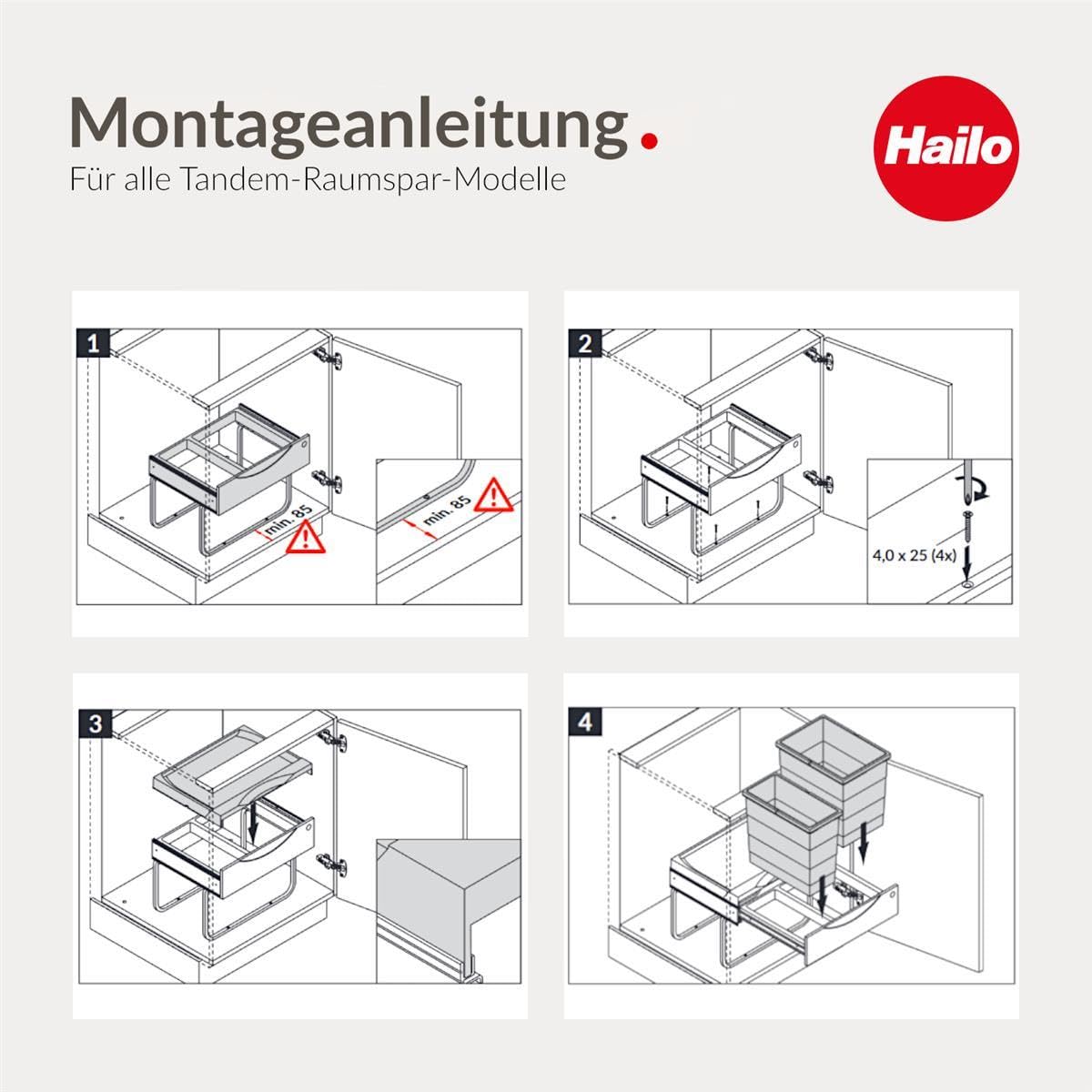 Hailo Abfallsammler 3644732 | Abfalleimer 3fach mit 29 Liter Gesamtvolumen | ab 50cm Unterschrankbreite montierbar | Hellgrau