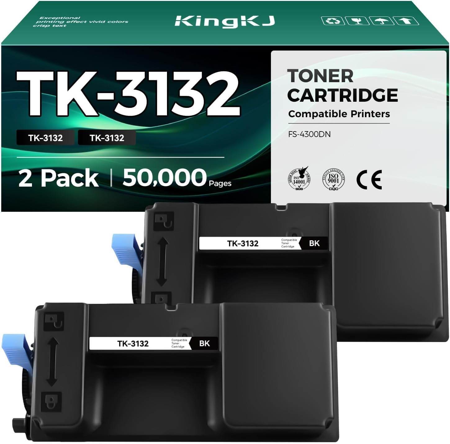 KingKJ TK-3132 TK3132 Toner Cartridge Black 2-Pack High Yield Replacement for Kyocera TK-3132 TK3132 1T02LV0US0 Ink Compatible with Kyocera ECOSYS FS-4300DN FS-4300 4300DN Printer Copy（25,000 Pages）