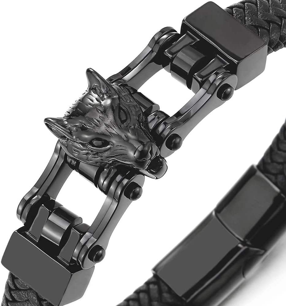 COOLSTEELANDBEYOND Men Steel Black Wolf Head Motorcycle Bike Chain Black Braided Leather Bangle Bracelet Magnetic Clasp - Image 2