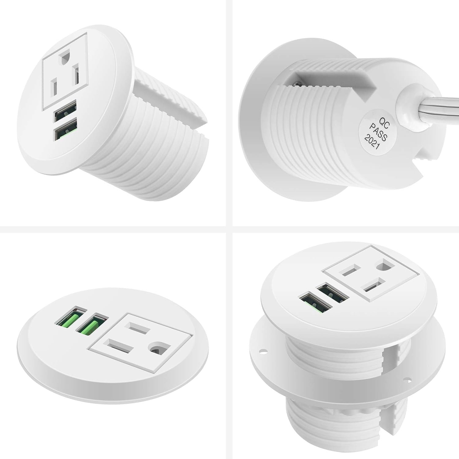 Desk Power Grommet wiht USB, Fits 2 inch Grommet Hole, Recessed Power Strip Socket, Plug in 2 Outlet 6.5 ft Extension Cord (White Round)