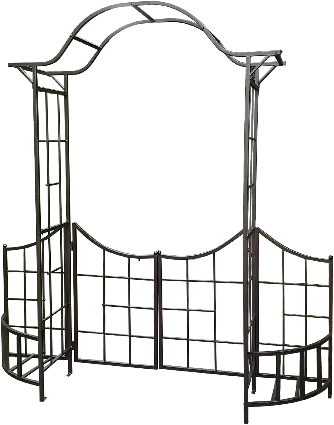 leisurelife Decorative Steel Garden Arch Arbor Trellis with Gate, Fence and Planter Holders for Climbing Plants, 7.5 Ft Height, Brownish Bronze